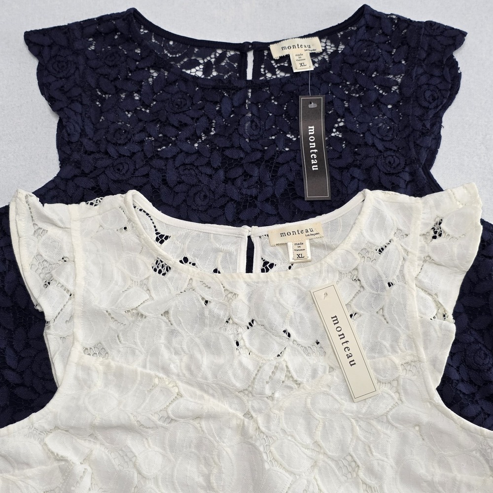 Monteau Lace Blouse Women's XL Sleeveless Top Navy/White Lot of 2 NWT OLD STOCK